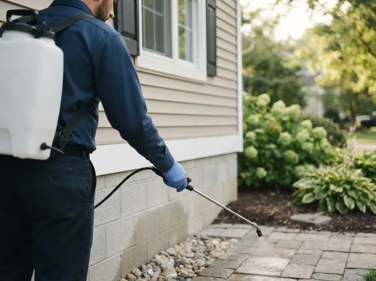 Pest control technician inspecting a home in Agency, MO